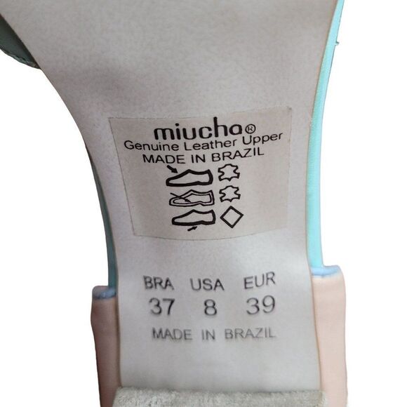 Miucha‎ Leather Heels 8 Mint Tan Retro D'Orsay Peep Toe Bow Block Heel Brazil - Picture 10 of 11